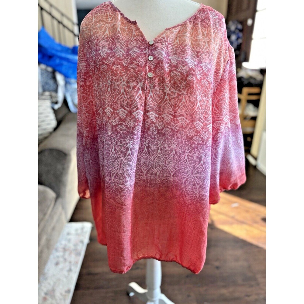 Catherines Top 3XL (26-28W) Chiffon 3/4 Sleeve Button V-Neck Orange/Pink Fairy